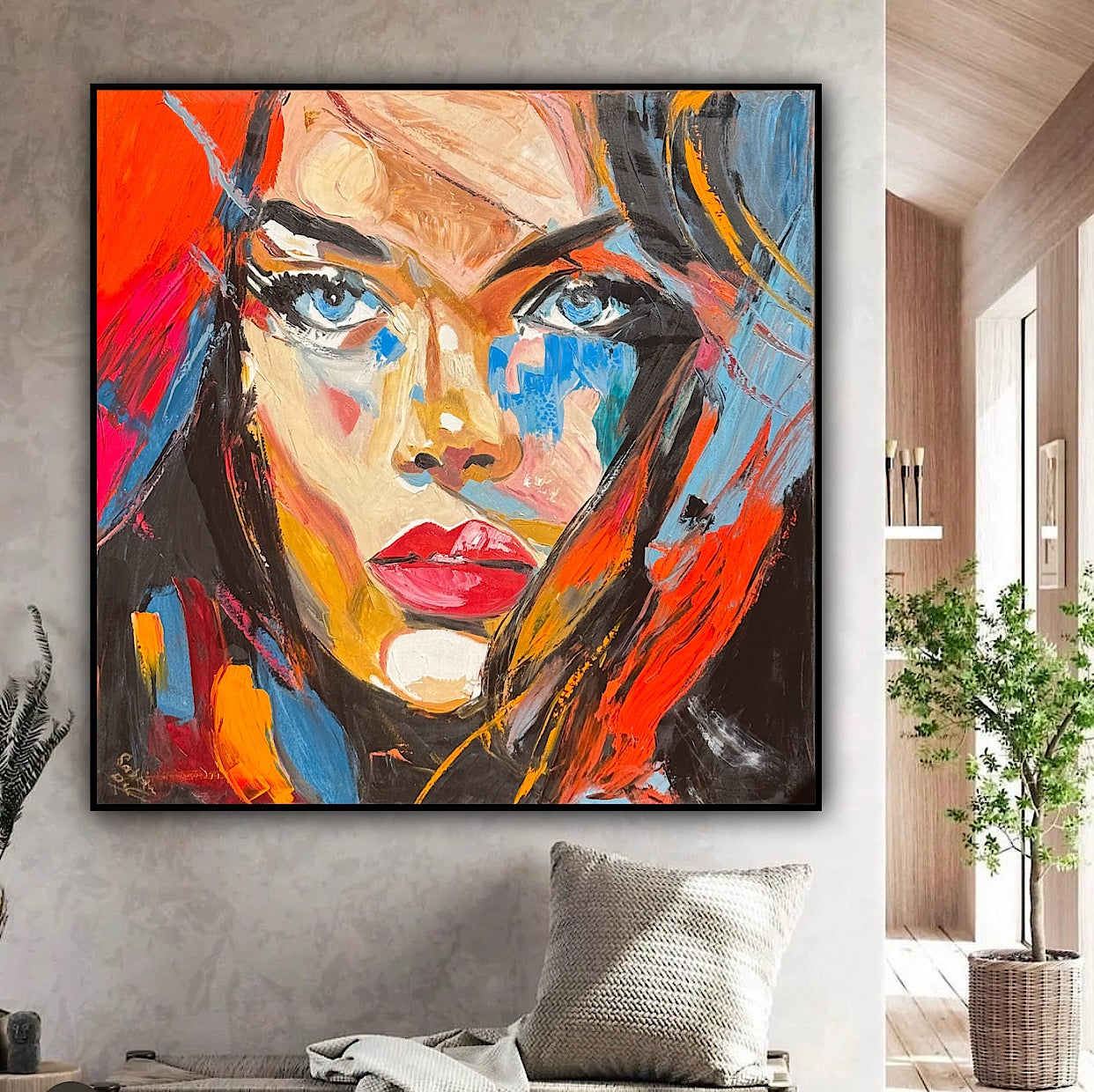 Richter Style Abstract Original Oil Painting On 100 x 100cm canvas Blue eyes woman portrait