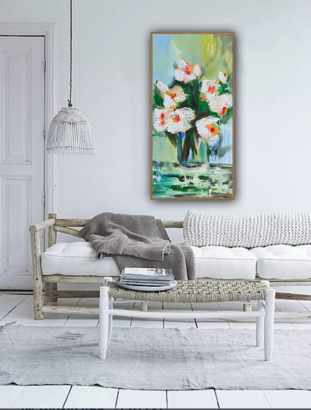 Oka Contemporary Abstract Original Oil Painting on 30cm x 60cm canvas textured White Roses floral love
