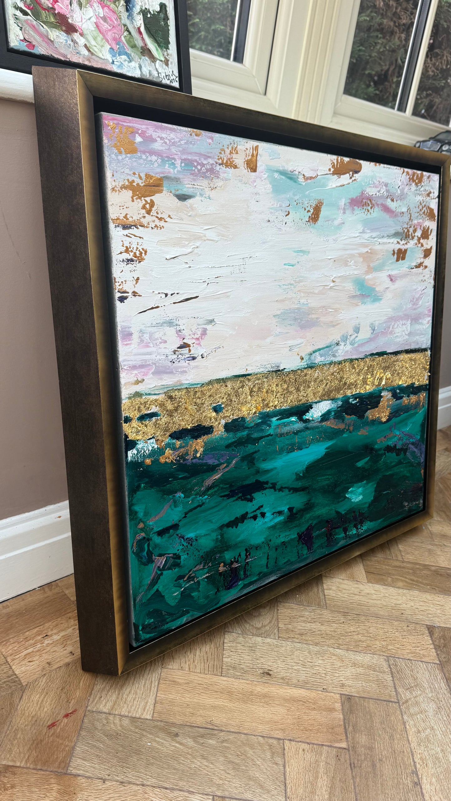 Framed in antique gold Textured Original Abstract Oil Painting On Canvas 70x70cm Seascape with gold leaf