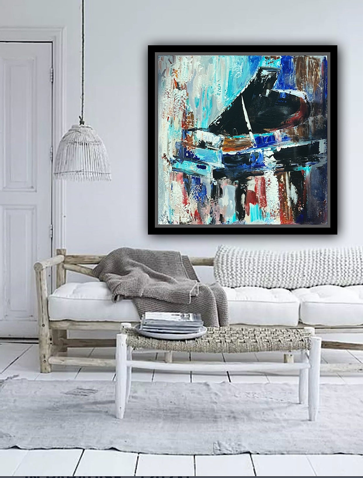 Framed in black Textured Original Abstract Oil Painting On Canvas 55x55cm Black Grand Piano