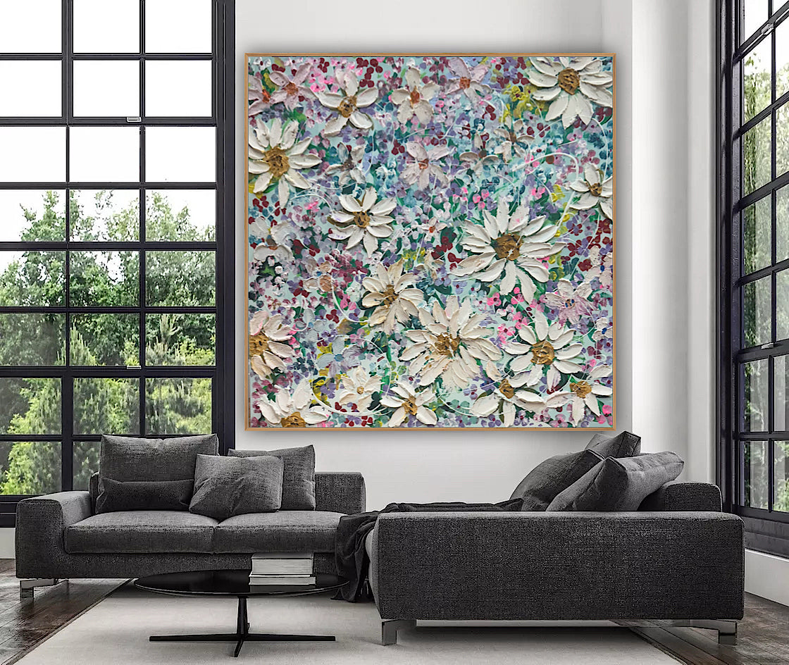 Original Abstract Oil Painting On deep edge Canvas 80x80cm Summer Flowers and more Flowers Textured