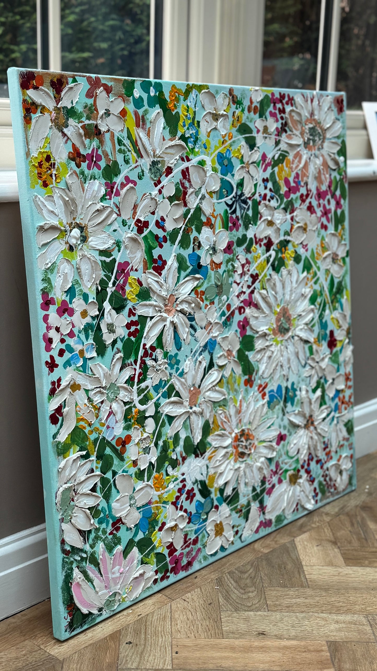 Framed Original Abstract Oil Painting On Canvas 80x80cm Daisies & more Flowers Textured