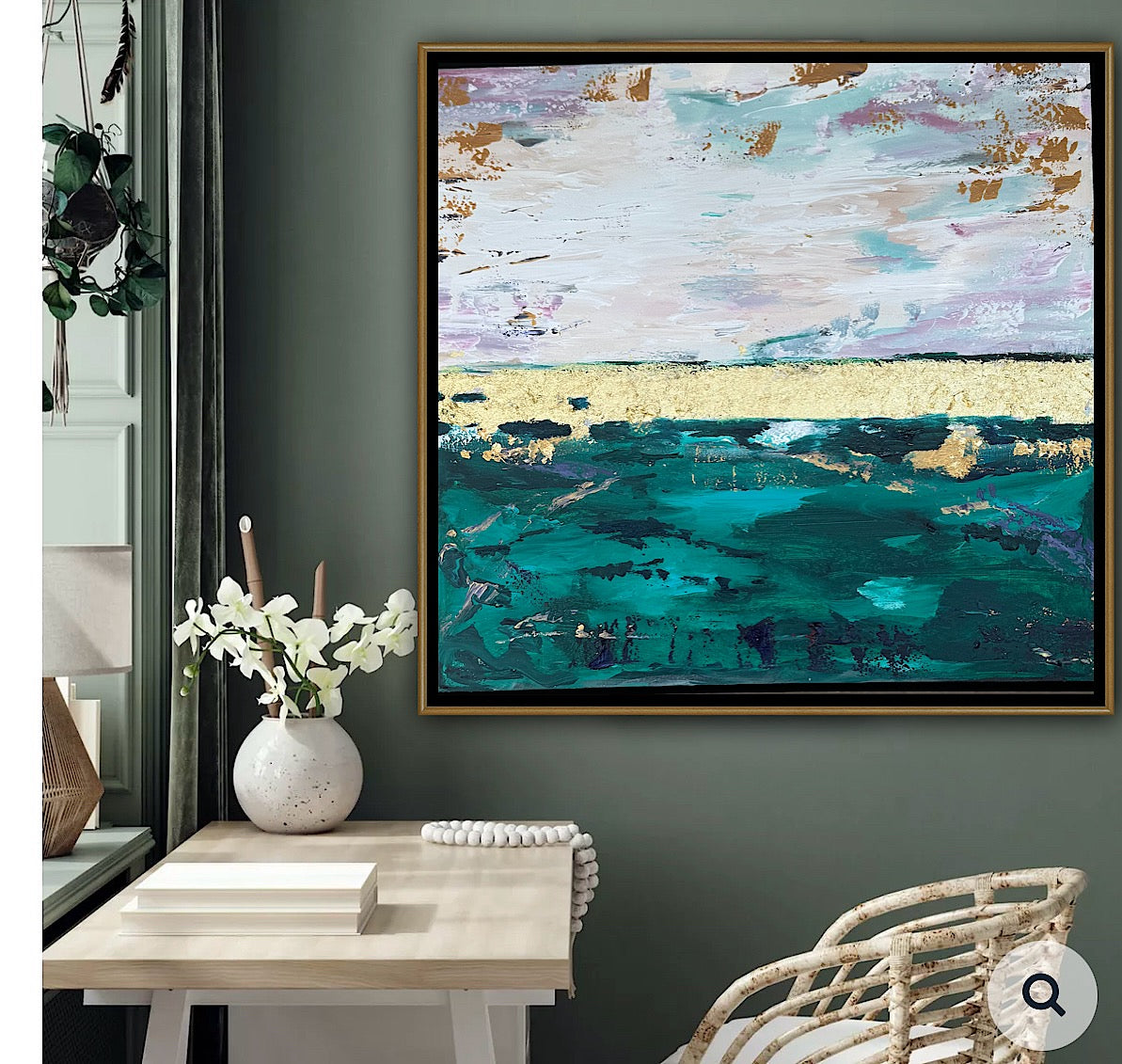 Framed in antique gold Textured Original Abstract Oil Painting On Canvas 70x70cm Seascape with gold leaf