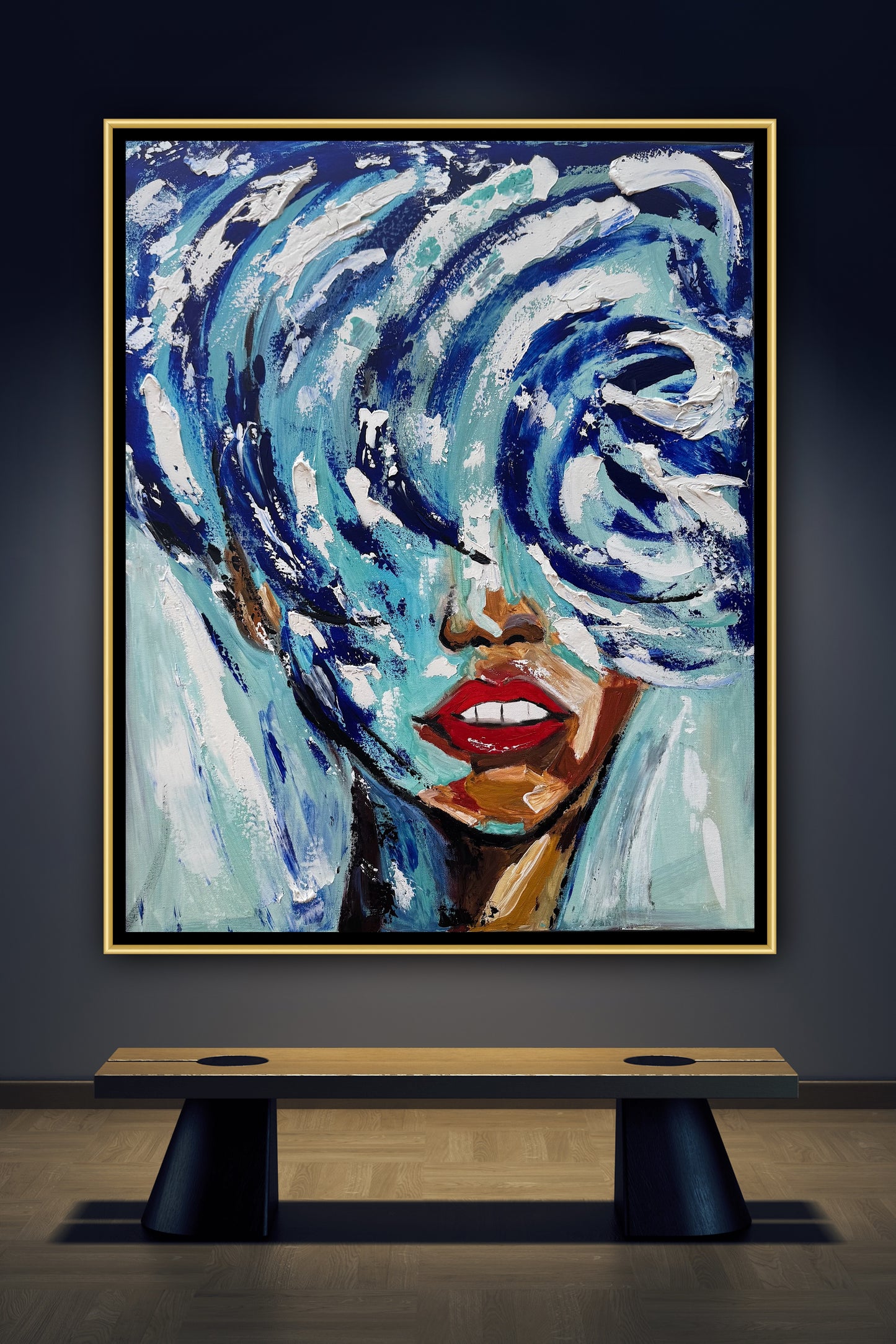 Large Abstract Original Oil Painting On 80x70cm canvas Waves Woman texture Vogue portrait framed in gold bespoke frame