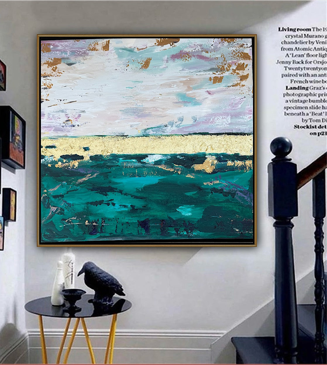 Framed in antique gold Textured Original Abstract Oil Painting On Canvas 70x70cm Seascape with gold leaf