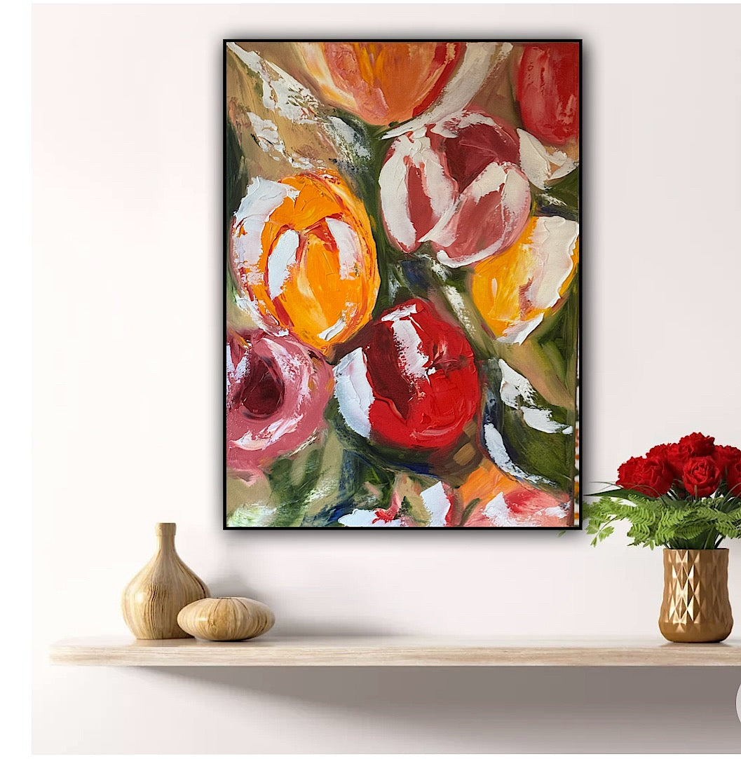 Renoir Style Original Floral Abstract Oil Painting On 70x50cm Canvas Tulips study