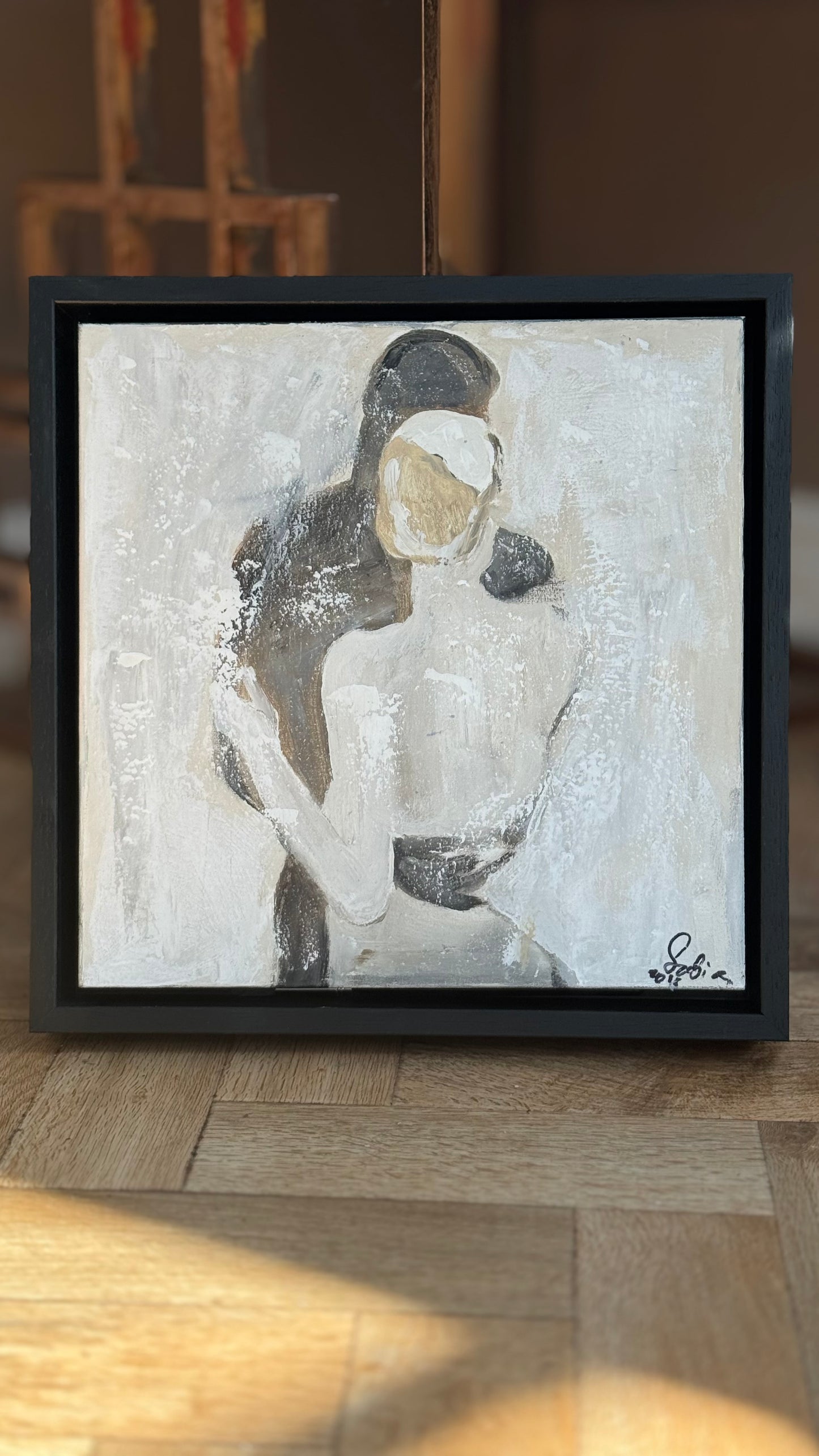 Framed Original Abstract contemporary Oil Painting On Canvas 35x35cm love dance oka