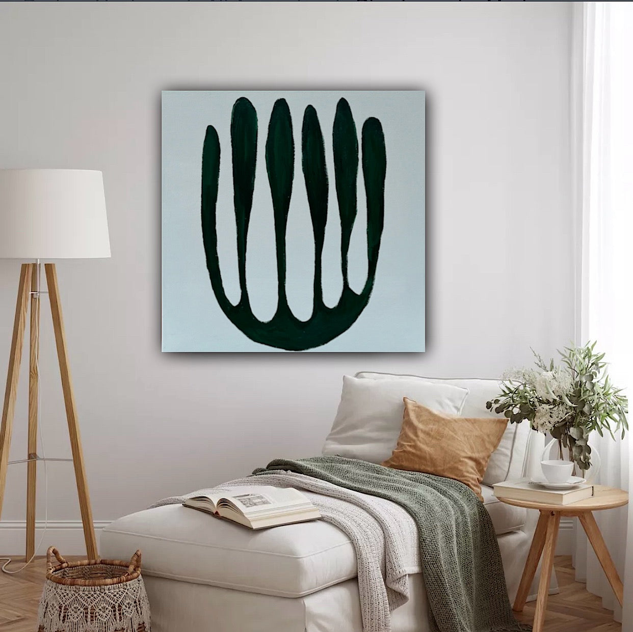 Eferi Plant Green & White Modern Abstract oil Painting On Canvas 40x40cm In Oka floral