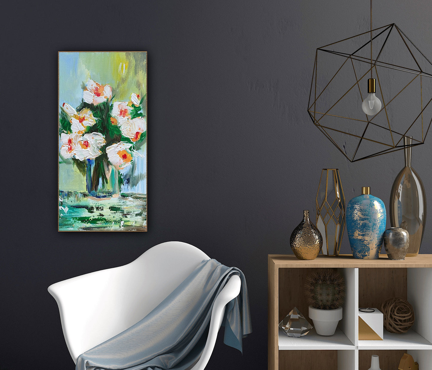 Oka Contemporary Abstract Original Oil Painting on 30cm x 60cm canvas textured White Roses floral love