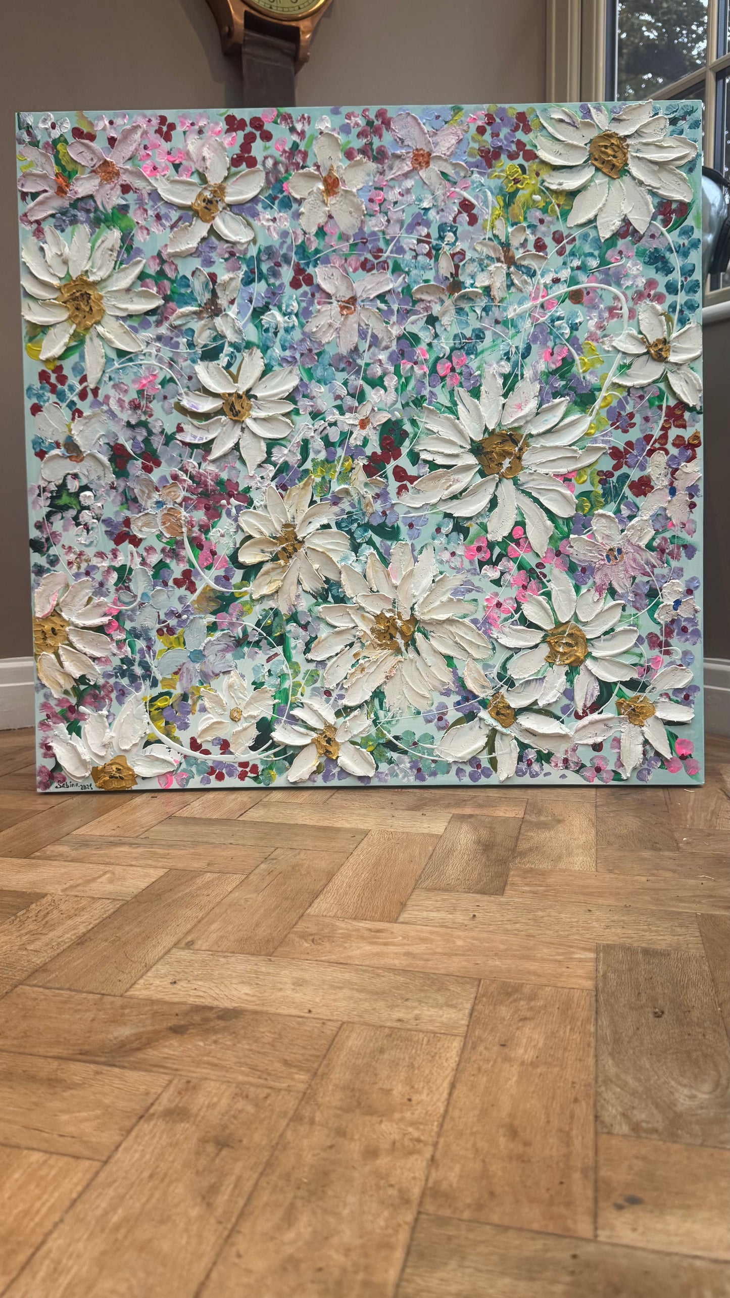 Original Abstract Oil Painting On deep edge Canvas 80x80cm Summer Flowers and more Flowers Textured