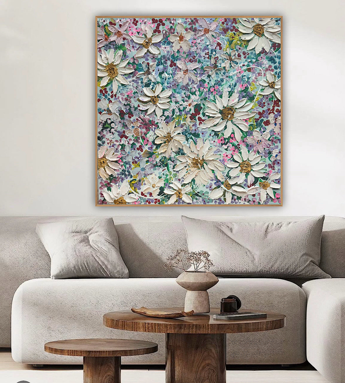 Original Abstract Oil Painting On deep edge Canvas 80x80cm Summer Flowers and more Flowers Textured