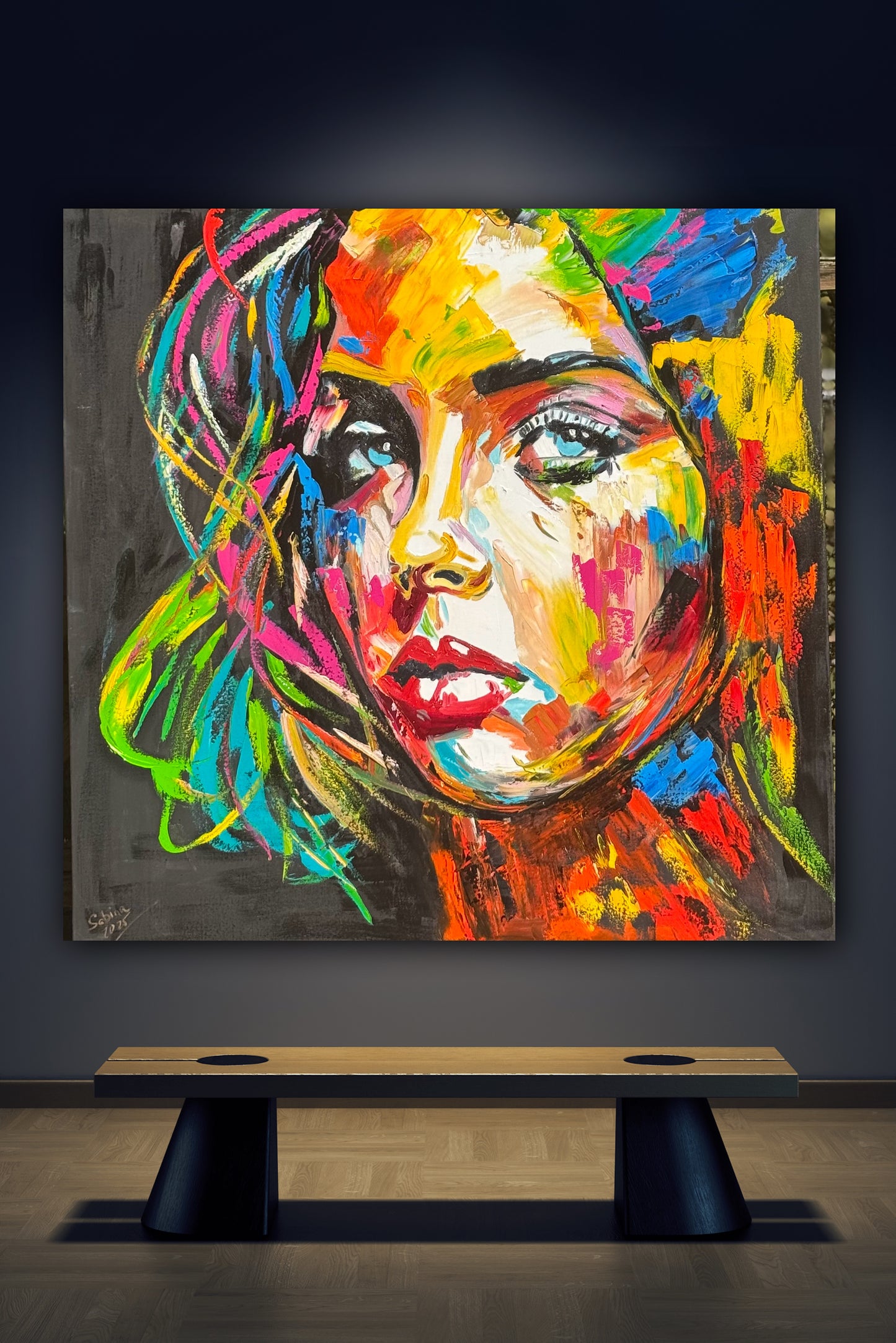 Modern Style Abstract Original Oil Painting On 100 x 100cm canvas Pillow talk woman portrait framed in black and gold frame