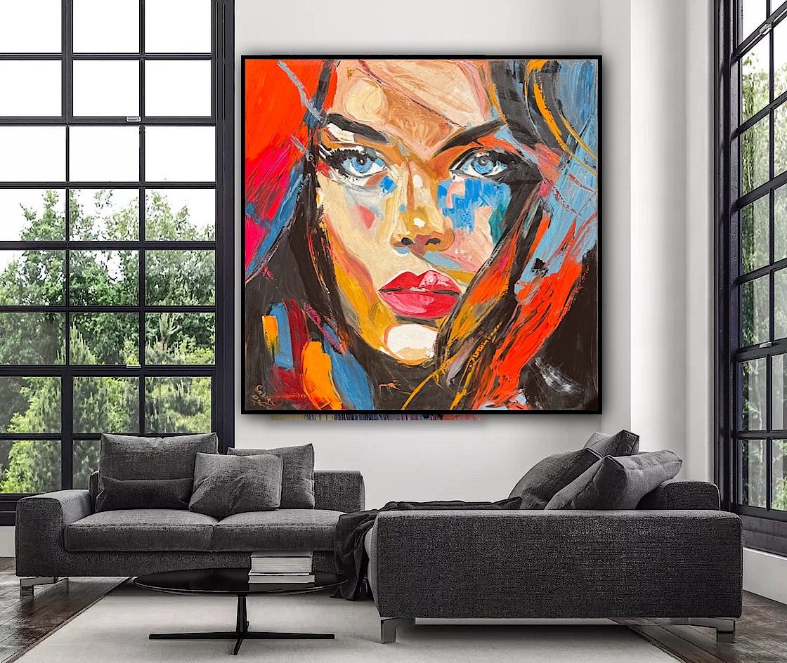Richter Style Abstract Original Oil Painting On 100 x 100cm canvas Blue eyes woman portrait