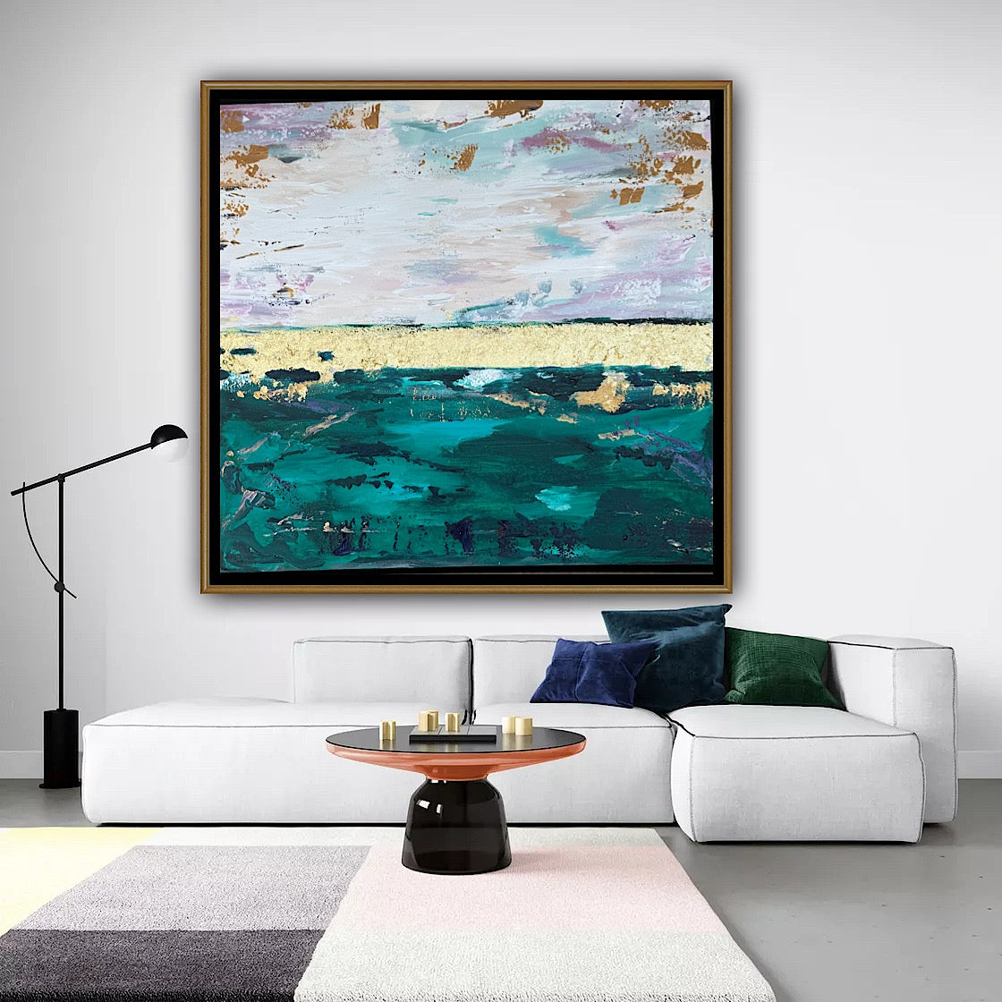 Framed in antique gold Textured Original Abstract Oil Painting On Canvas 70x70cm Seascape with gold leaf