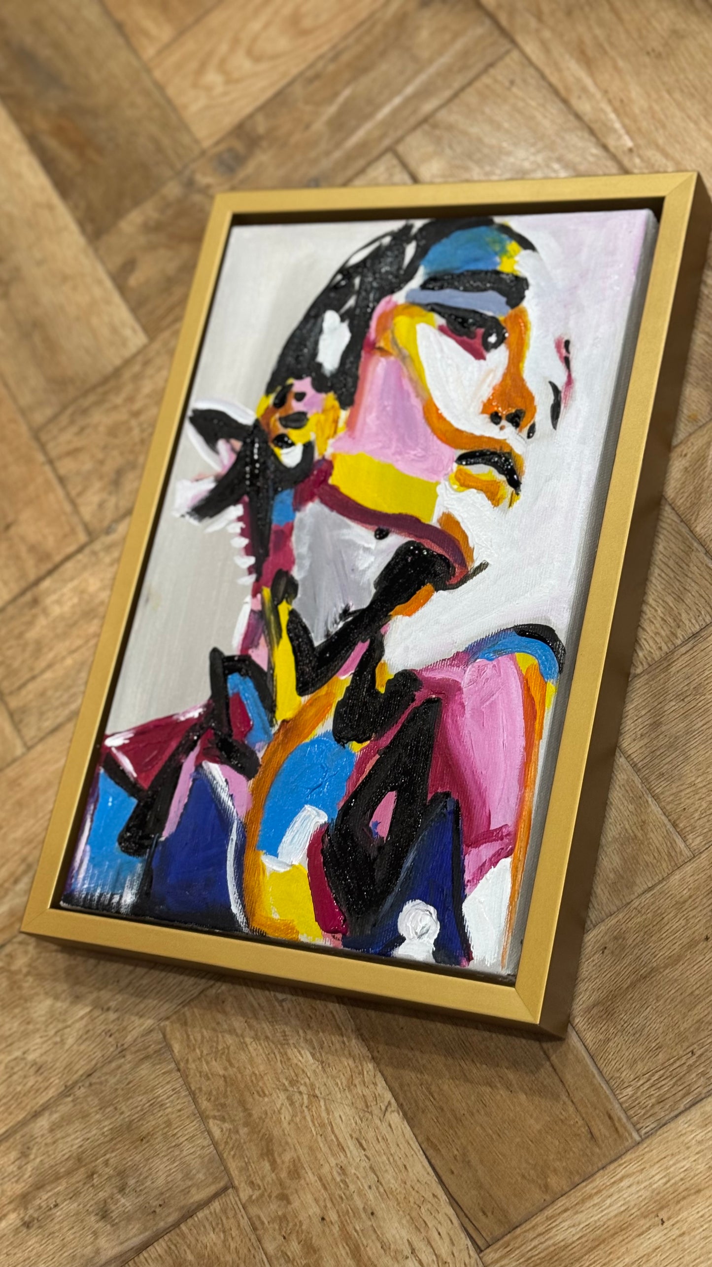 Framed in gold bronze Original Abstract Oil Painting On Canvas 36 x 24cm The Silent phoenix’ Girl Oka portrait