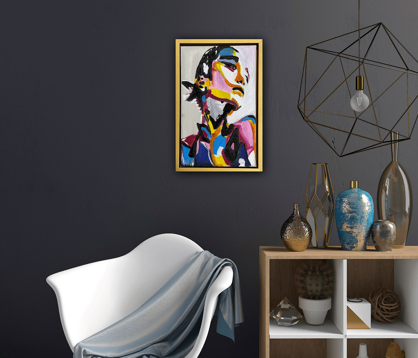Framed in gold bronze Original Abstract Oil Painting On Canvas 36 x 24cm The Silent phoenix’ Girl Oka portrait