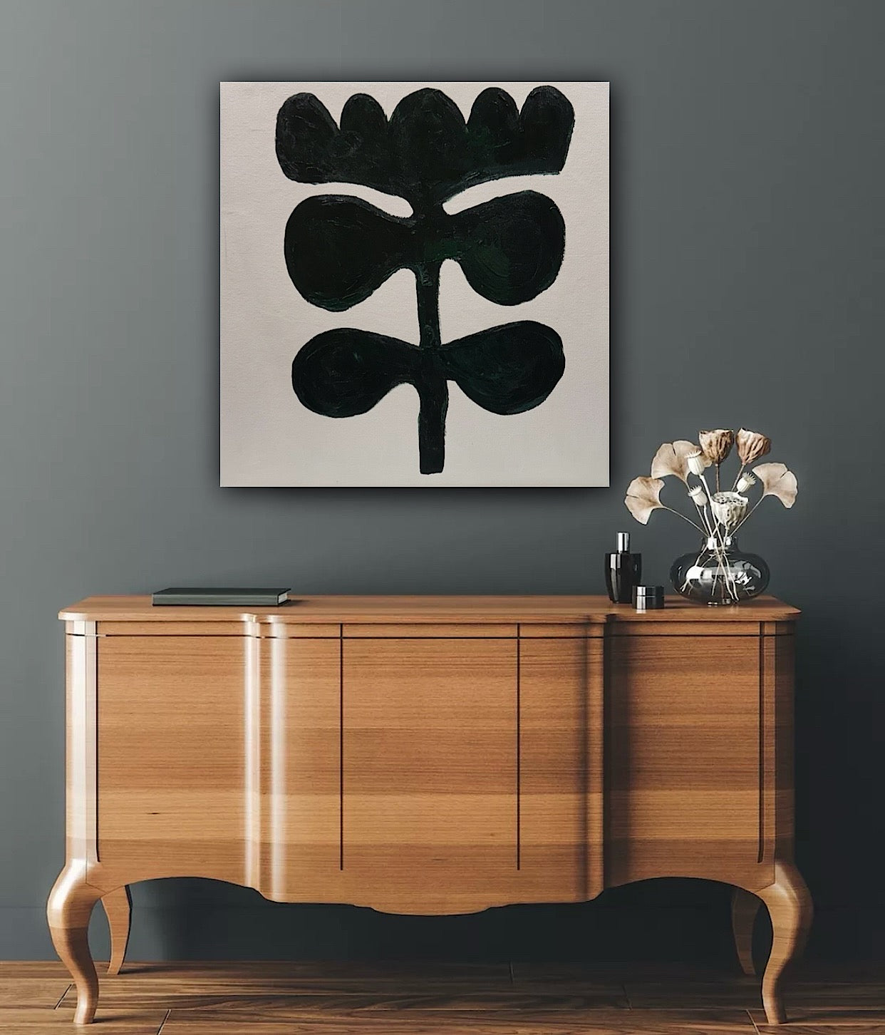 Eferi Plant II Green & White Modern Abstract oil Painting On Canvas 40x40cm In Oka floral