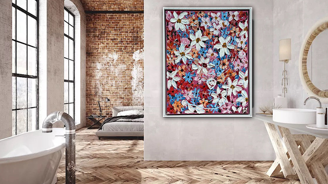 Original Abstract Oil Painting On Canvas 80 x 65cm Daisies in bloom textured framed