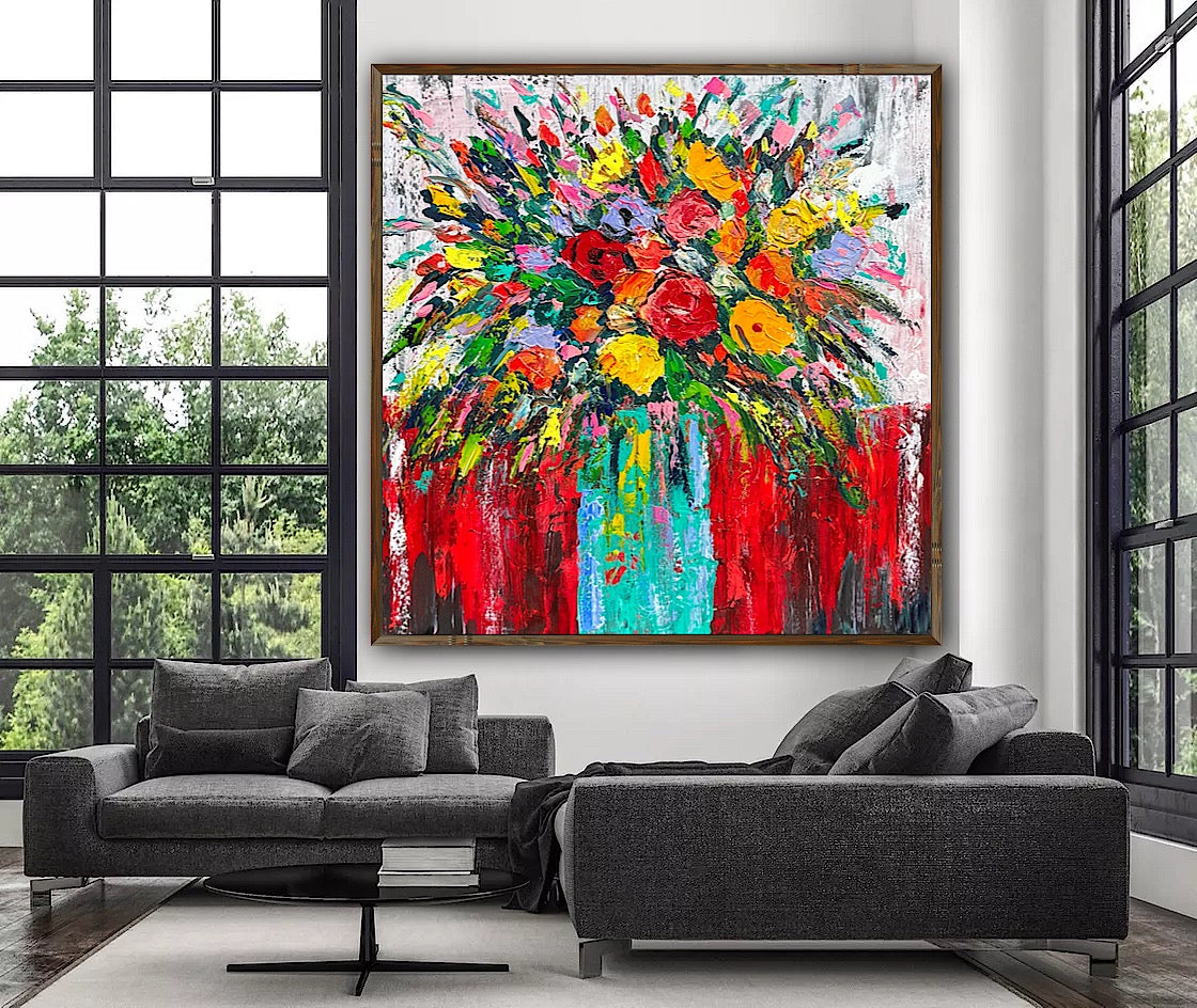 Original Abstract Oil Painting On 4cm Canvas 80 x 80cm Floral Sunflowers