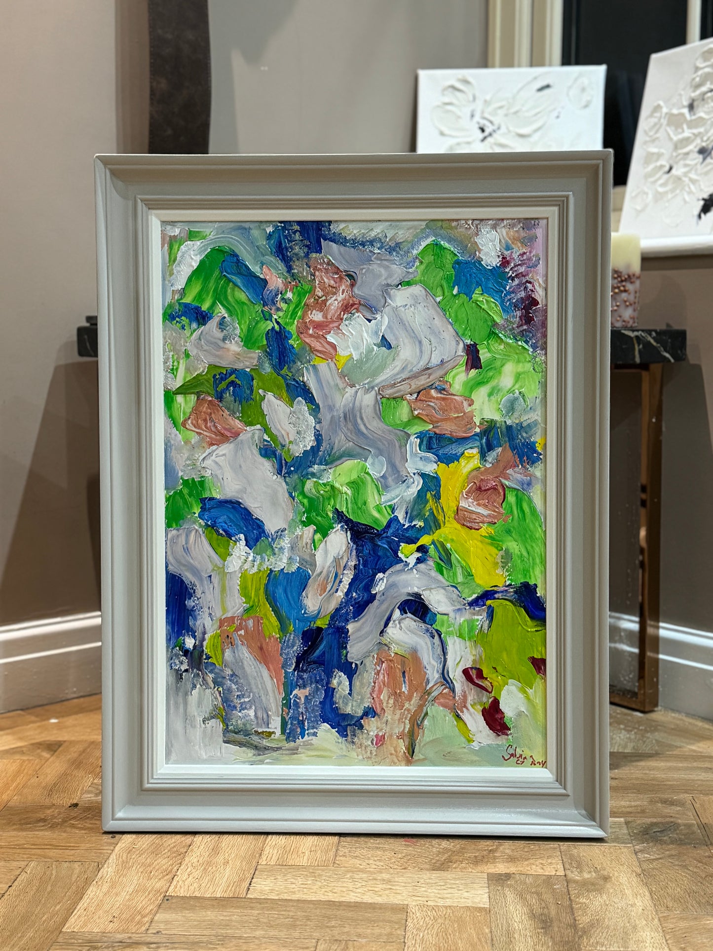 Framed Original Abstract contemporary Oil Painting On Canvas 52x70cm Floral Oka