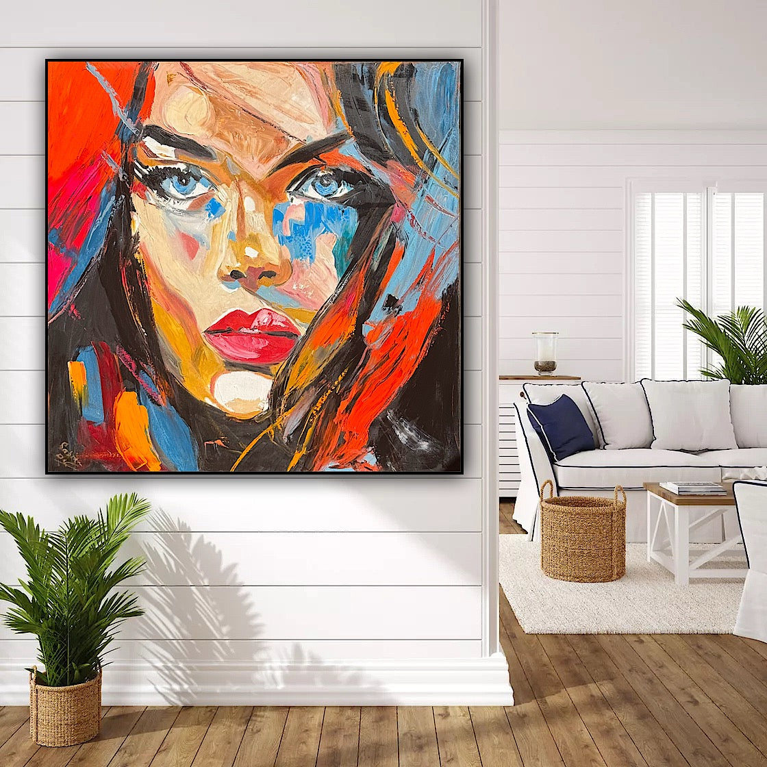 Richter Style Abstract Original Oil Painting On 100 x 100cm canvas Blue eyes woman portrait