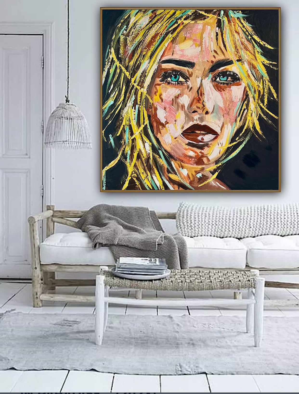 Contemporary Abstract Original Oil Painting On Canvas 90x90cm Blond girl ‘Luna’ woman’s portrait Framed