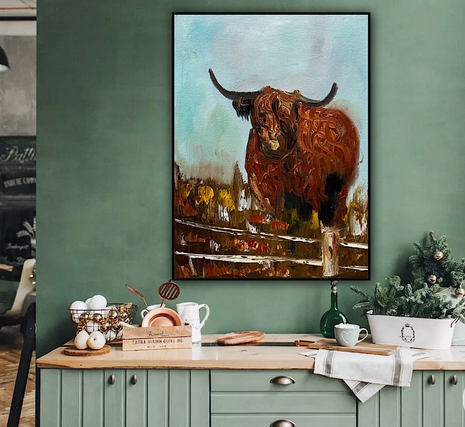 Abstract Original Oil Painting On 30 x 40cm Canvas Aboriginal highland cow ‘Bernie’ animal