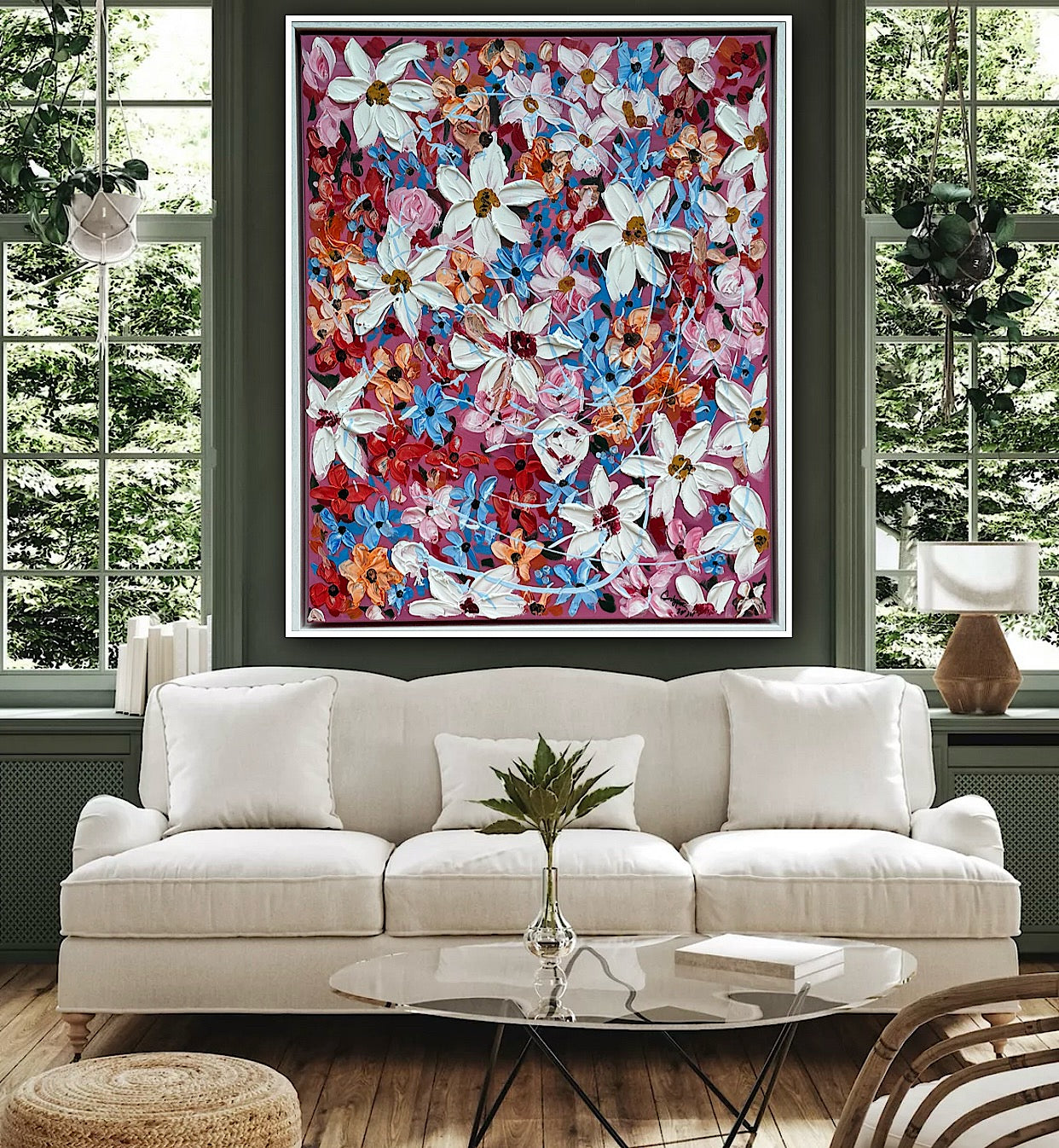 Original Abstract Oil Painting On Canvas 80 x 65cm Daisies in bloom textured framed