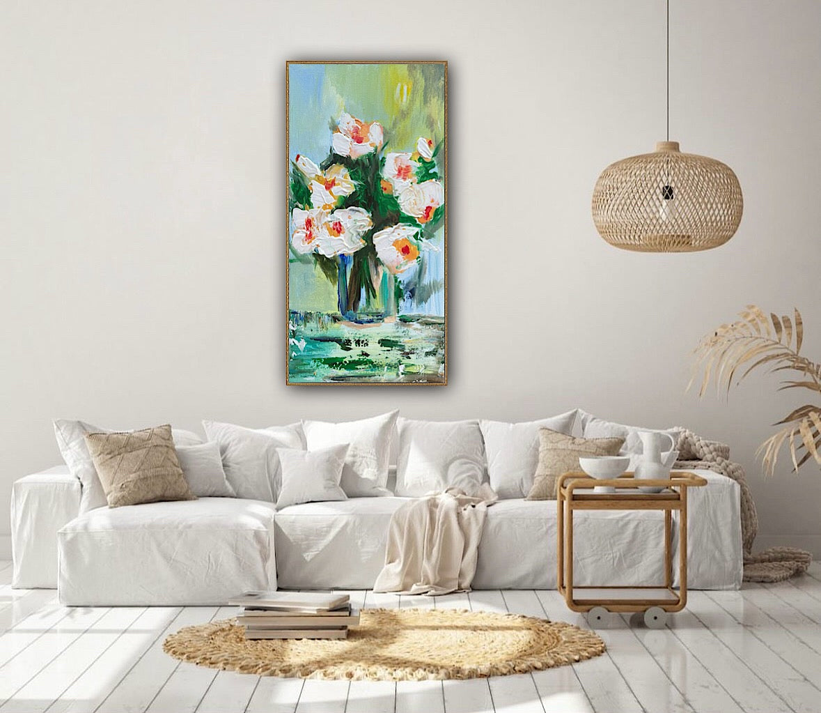 Oka Contemporary Abstract Original Oil Painting on 30cm x 60cm canvas textured White Roses floral love