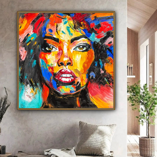 Richter Style Abstract Original Oil Painting On 100 x 100cm canvas Beauty Hazel eyes  woman portrait framed in. Lack and gold frame