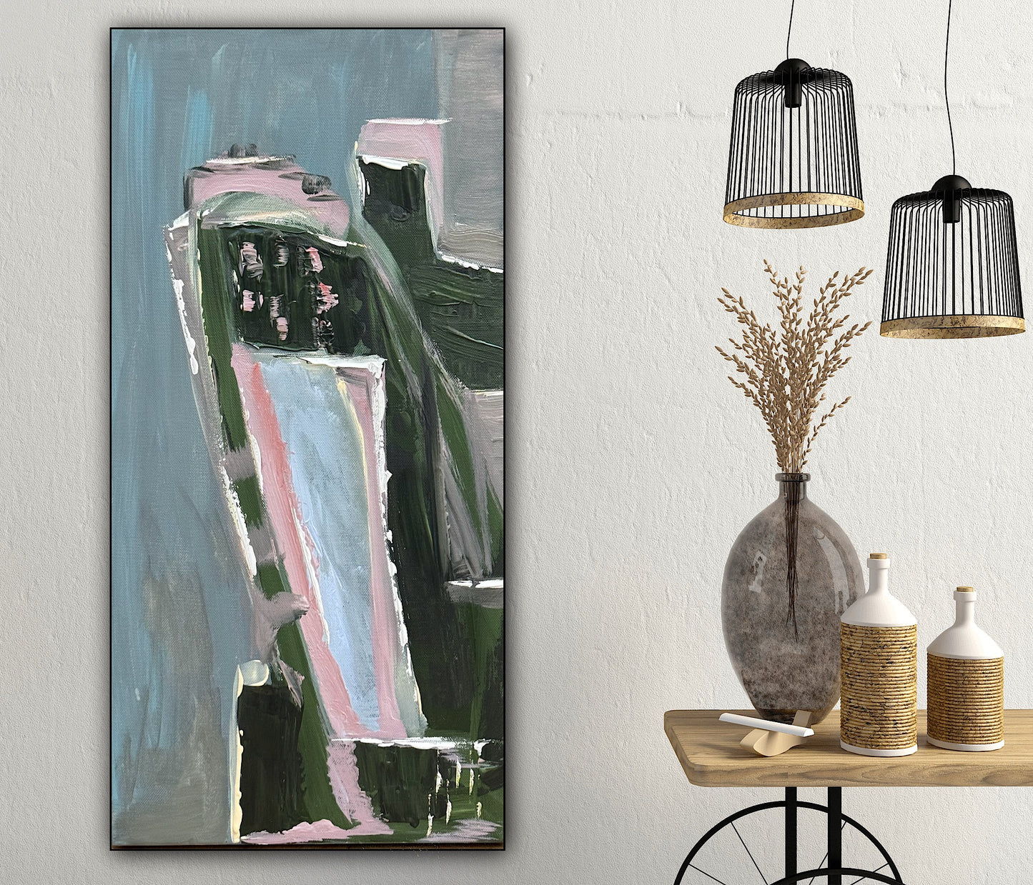 Oka Contemporary Abstract Original Oil Painting 30cm x 60cm textured House on a Hill