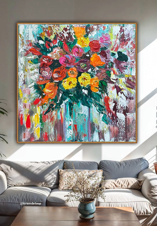 Oka Contemporary Abstract Original Oil Painting 60 x 60cm textured Bunch of Flowers