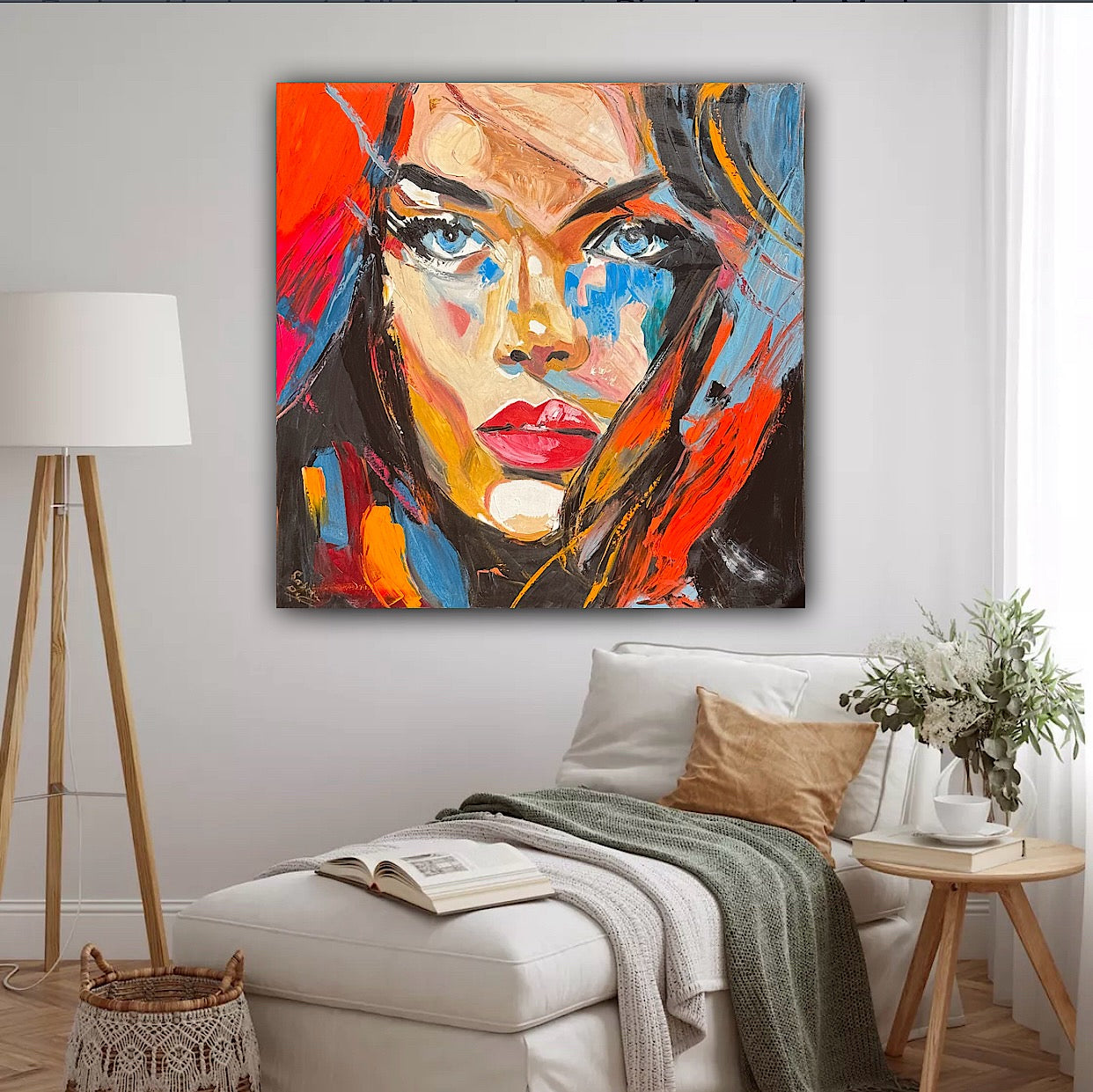 Richter Style Abstract Original Oil Painting On 100 x 100cm canvas Blue eyes woman portrait