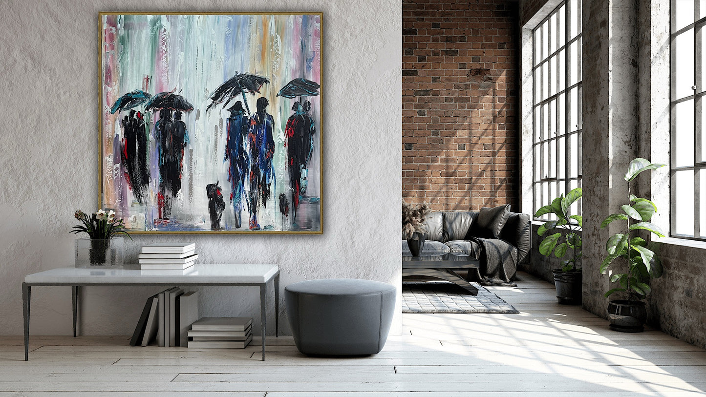 Richter Original Abstract Oil Painting 100x100cm On 4.2cm Canvas London Rain II