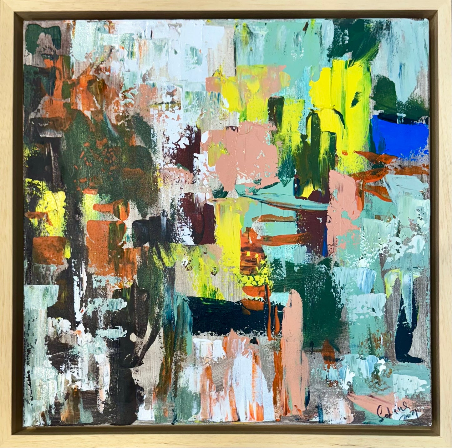 Framed Original Abstract Oil Painting On Canvas 52 x 52cm city lights Oka