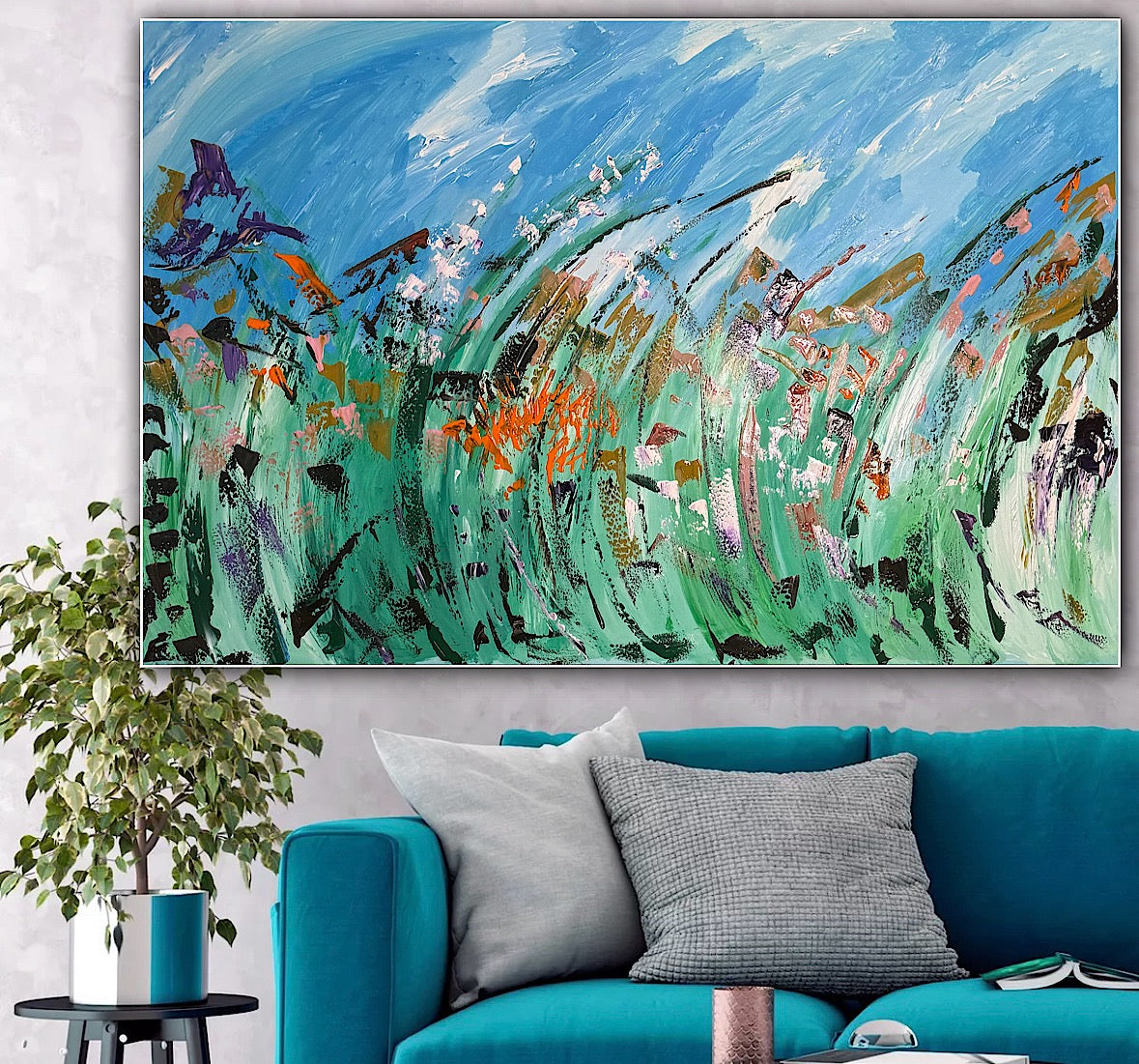 Original Abstract Oil Painting On Canvas 150cm x 100cm Meadow Field Oka floral