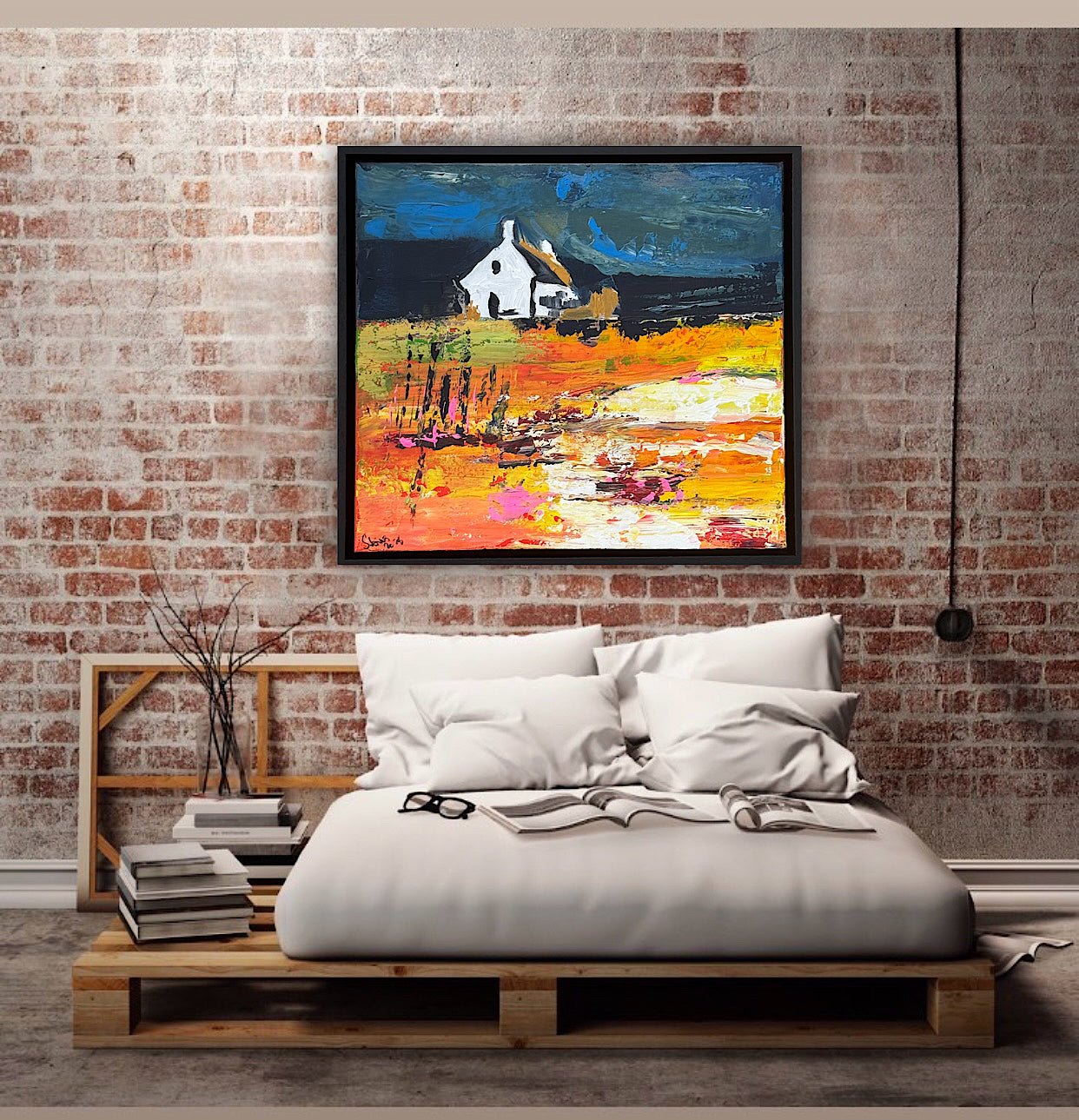 Framed Original Abstract contemporary Oil Painting On Canvas 43x40cm Magazine Irish House on a Hill Oka