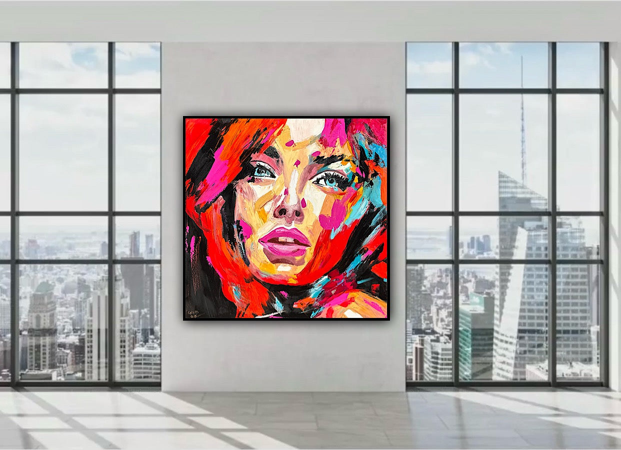 Richter Style Abstract Original Oil Painting On 100 x 100cm canvas Red head woman portrait