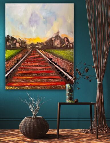 Richter StyLe Abstract original Oil Painting On Canvas 76 X 62cm Train Tracks