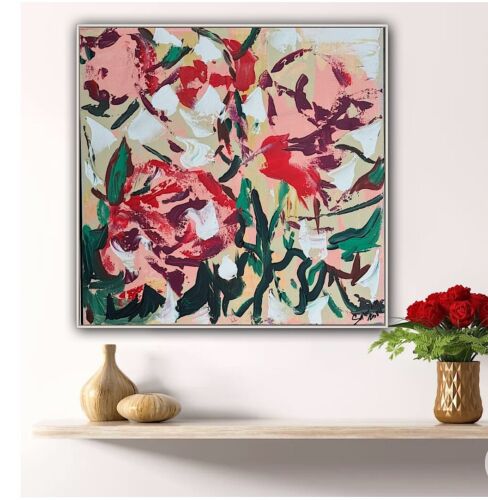 Framed Original Abstract Contemporary Oil Painting On Canvas 45x45cm Roses Oka
