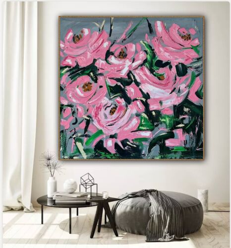 Framed Contemporary Abstract Original Oil Painting On 80x80cm Canvas Pink Roses