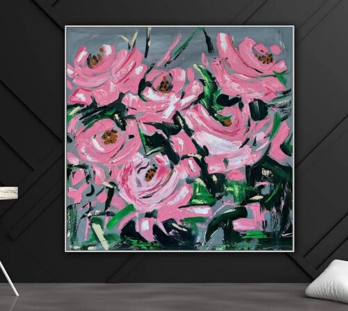 Framed Contemporary Abstract Original Oil Painting On 80x80cm Canvas Pink Roses