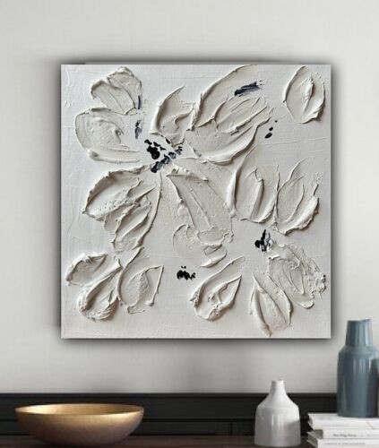 Textured Lily Black &White Modern Abstract oil Painting On Canvas 30x30cm In Oka