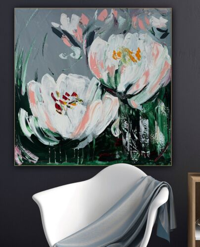 Framed Contemporary Abstract Original Oil Painting On 80x80cm Canvas White Tulips
