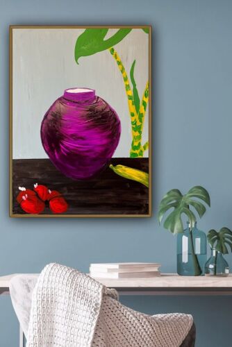 Large Abstract Original Oil Painting On 60 X 46cm canvas Exotic Vase Still life