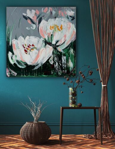 Framed Contemporary Abstract Original Oil Painting On 80x80cm Canvas White Tulips