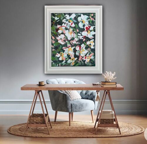 Framed Oka Original Abstract Oil Painting Canvas 70x60cm White Roses Spread II