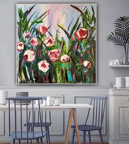 Framed Original Abstract Oil Painting On Canvas 80x80cm Summer Roses Textured