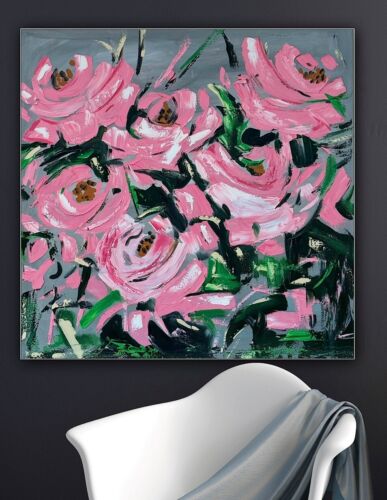 Framed Contemporary Abstract Original Oil Painting On 80x80cm Canvas Pink Roses