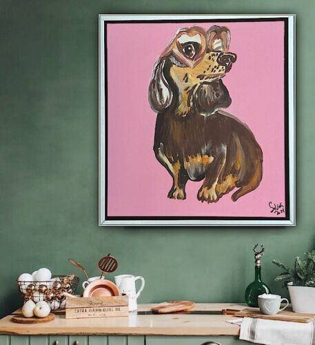 Framed Original Abstract Contemporary Oil Painting On Canvas 38x35xm Sausage Dog